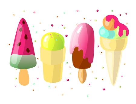 Set of cute cartoon colored Ice cream collection. Ice cream set with watermelon, strawberry and green tea ice cream sundae, ice-cream cone with bubble gum, orange and mint scoops isolated on whiteのイラスト素材