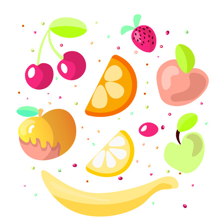 Cute cartoon fruit collection. Sweet fruits icon, summer fruit desserts isolated on white background. Cherry, orange and lemon, apple and strawberry in one cartoon set. Summer sweet fruit illustrationのイラスト素材