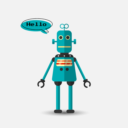 Retro vintage funny vector robot icon in flat style isolated on grey background. Vector vintage illustration of flat Chatbot icon. Customer support service chat bot. Cute cartoon retro robot iconのイラスト素材