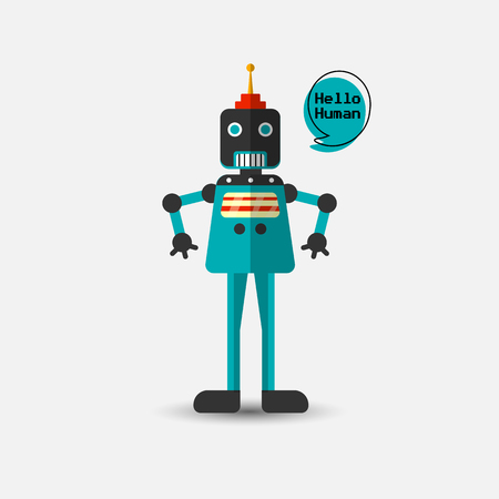 Retro vintage funny vector robot icon in flat style isolated on grey background. Vector vintage illustration of flat Chatbot icon. Customer support service chat bot. Cute cartoon retro robot iconのイラスト素材