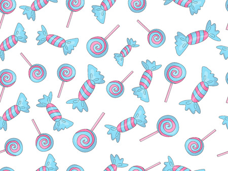 Funny cute cartoon seamless pattern with sweet blue and pink candies, stars and decoration. Endless cute pattern with sweet candy on white background. Blue candies wrapped and colored vector seamless textileのイラスト素材