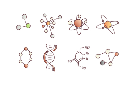 Cute cartoon molecule and atom icon set. Atomic and molecular illustration. Structure of molecula and atom with electron orbit, proton and scheme of DNA, Molecule model line cartoon set. Structure of molecules in chemistry, science teachers innovative educational iconsのイラスト素材
