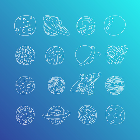Cute cartoon astronomy planet icon set. Cartoon icons of different doodle planets, exo planets, planetary rings, satellites,のイラスト素材