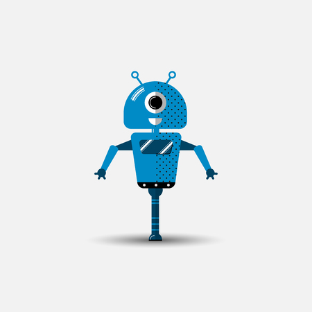 Funny vector robot icon in flat style isolated on grey background. Cute flat Vector illustration of Chatbot icon, vintage friendly AI robot. Customer support service chat bot. Cute cartoon robot icon isolated on greyのイラスト素材