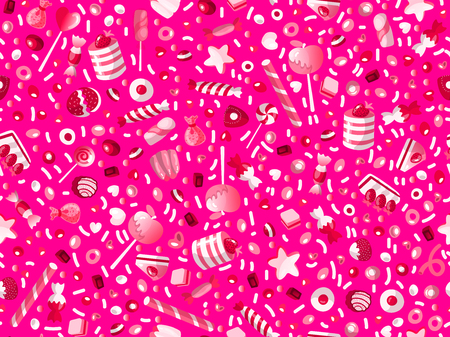 Cute seamless pattern with colorful sweets, cakes, lollipops. Cartoon seamless pattern with candy and sweet dessert. Fun pink sweet pattern with candy, ice cream, round lollipops. Candy patternのイラスト素材