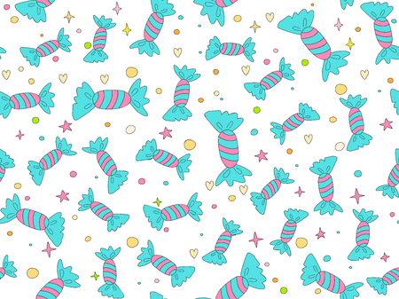 Funny cute cartoon seamless pattern with sweet blue and pink candies, stars and decoration. Endless cute pattern with sweet candy on white. Blue candies wrapped and colored vector seamless textileのイラスト素材