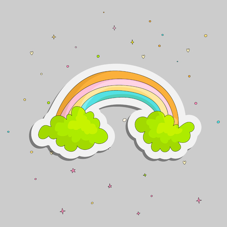 Cute cartoon rainbow on two green clouds icon. Colored funny rainbow and two clouds with decoration on grey background. Cartoon green clouds and star with colored rainbow isolated.のイラスト素材