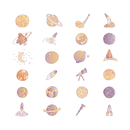Cute cartoon space asrtonaut cosmos vector icon collection. Planet, rocket, observatory icons in one cute set, isolated on white background.のイラスト素材