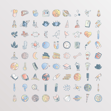 Cute cartoon icons on science, school, study theme. Physics, chemistry, astronomy and other sciences - vector illustrations of icons for children. Back to school educational icons, science cartoon icon set isolated on white background, coloredのイラスト素材