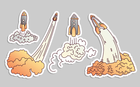 Launching rockets vector cartoon illustration. Rocket launch vector illustration icon set. Space shuttle, ship on white background. Start up cartoon concept. Space, business and science illustration for kidsのイラスト素材