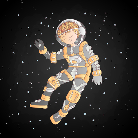Cute cartoon asrtonaut girl floating in space vector illustration. Girl in space helmet among stars, in deep cosmos. Cartoon astronaut girl in space suit. Cartoon sketch cosmonaut girl illustrationのイラスト素材