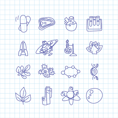 Cute cartoon icons on science, school, study theme. Physics, chemistry, astronomy and other sciences - vector illustrations of icons for children. Back to school educational icons, science cartoon icon set isolated on white background, coloredのイラスト素材