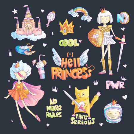 Brave tomboy Hell princess vector cartoon set. Princess magic and feminism illustration, little teen girl, princess superhero and warrior, brave girl illustration. Feminism princesses collection - castle, crown, cat, cocktailのイラスト素材