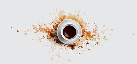 Coffee concept on white background - white realistic cup, top view with watercolor coffee splashes. Hand draw and watercolor coffee illustration with beautiful art splashes, coffee cup conceptのイラスト素材