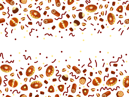 Chocolate candy frame of choco candies on white background. Chocolate candy banner, top view, flat lay with decorative elements. Chocolats candies, sweet backgroundのイラスト素材