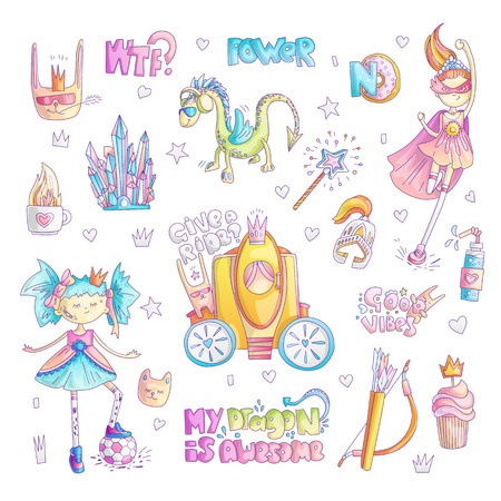 Brave tomboy princess vector cartoon set. Princess magic and feminism illustration, little teen girl with ball, princess superhero, brave girl illustration. Feminism princesses collection - dragon, brougham, magic wand, crystalのイラスト素材