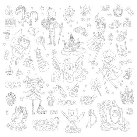 Brave tomboy Hell princess vector cartoon set. Princess magic and feminism illustration, little teen girl, princess superhero and warrior, brave girl illustration. Feminism princesses collection - castle, crown, cat, cocktailのイラスト素材