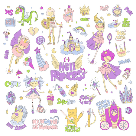 Brave tomboy Hell princess vector cartoon set. Princess magic and feminism illustration, little teen girl, princess superhero and warrior, brave girl illustration. Feminism princesses collection - castle, crown, cat, cocktailのイラスト素材