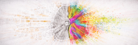Left right human brain concept, textured illustration. Creative left and right part of human brain, emotial and logic parts concept with social and business doodle illustration of left side, and art paint splashes of the right sideの写真素材