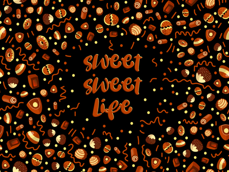Chocolate candy frame of choco candies on black background. Chocolate candy banner, top view, flat lay with decorative elements. Chocolats candies, sweet backgroundのイラスト素材