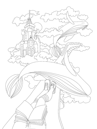 Cute hand draw coloring page with dreaming girl, sitting with book on a wing of plane, seing flying whales and magic castle among clouds. Dreaming girl coloring pageのイラスト素材