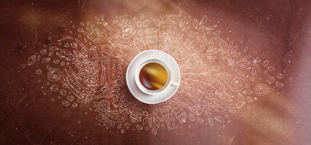 Coffee chalk illustrated concept on black board background - white coffee cup, top view with chalk doodle illustration about coffee, beans, morning, espresso in cafe, breakfast. Morning coffee illustration. Hand draw chalk concept, coffee themeの写真素材