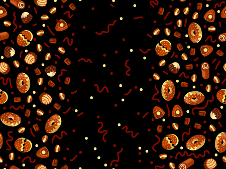 Chocolate candy frame of choco candies on black background. Chocolate candy banner, top view, flat lay with decorative elements. Chocolats candies, sweet backgroundのイラスト素材