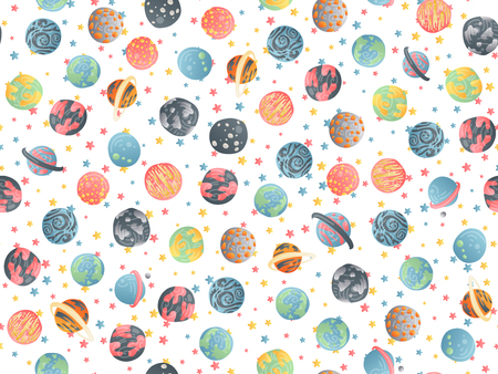 Cute cartoon astronomy seamless pattern. Background with colored solar system planet and exo planets, asronomical, astronomy cute pattern. Back to school astronomy seamless patternのイラスト素材