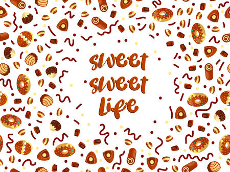 Chocolate candy frame of choco candies on white background. Chocolate candy banner, top view, flat lay with decorative elements. Chocolats candies, sweet backgroundのイラスト素材