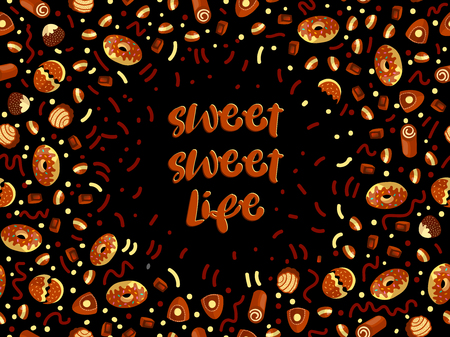 Chocolate candy frame of choco candies on black background. Chocolate candy banner, top view, flat lay with decorative elements. Chocolats candies, sweet backgroundのイラスト素材