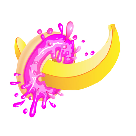 Provocative vector illustration with sweet donut and banana. Sweet strawberry pink donut with splashes, and tasty tropical banana fruit. Sweet food, funny illustration on white backgroundのイラスト素材