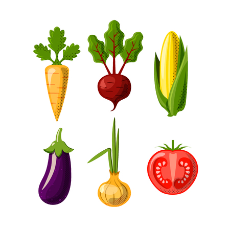 Vegetables flat icons isolated on white background. Carrot, beetroot or beet, corn, onion and tomate and eggplant. Flat icon set of healthy food - vegetables.のイラスト素材
