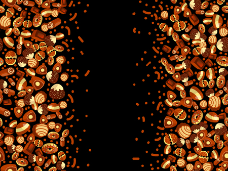 Chocolate candy frame of choco candies on black background. Chocolate candy banner, top view, flat lay with decorative elements. Chocolats candies, sweet backgroundのイラスト素材