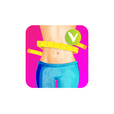 Women slim waist with measure tape around - weight loss concept icon, bright colors. slim body with centimeter tape, healthy lifestyle vector concept for apps, sitesのイラスト素材
