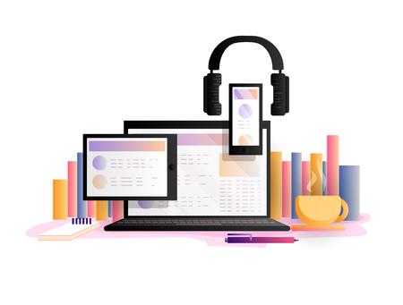 Online education concept, vector illustration. Study, learning online with laptop, tablet, smartphone and headphones from home. Cozy online learing and education with cup of tea and learning online.のイラスト素材