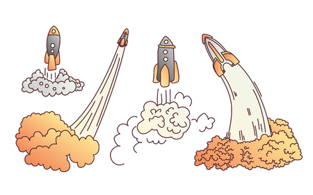Launching rockets vector cartoon illustration. Rocket launch vector illustration icon set. Space shuttle, ship on white background. Start up cartoon concept. Space, business and science illustration for kidsのイラスト素材