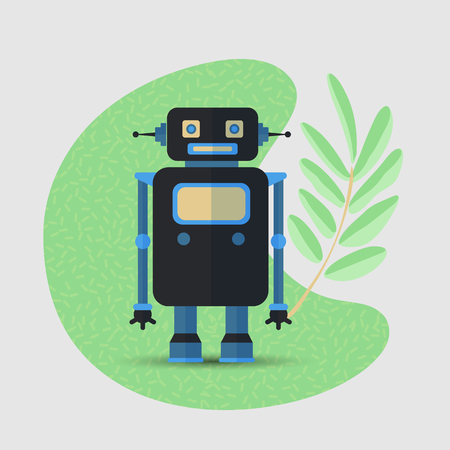 Save the planet cartoon vector concept with robot, AI and green branch of leaves. Robot and nature concept, blue flat cartoon bot with Save the planet concept and leaf. Ecology concept, eco bot isolatedのイラスト素材