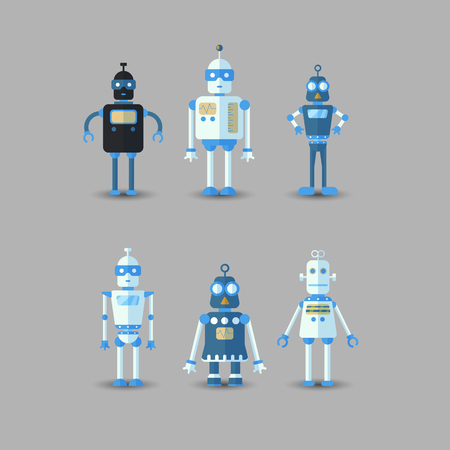 Retro vintage funny vector robot set icon in flat style isolated on grey background. Vintage illustration of flat Chatbot icon collection. Set of Cute cartoon retro robot icons, vintage chat bot set isolated on greyのイラスト素材
