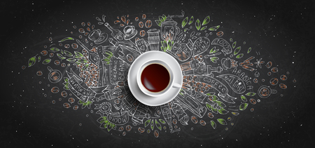 Coffee chalk illustrated concept on black board background - white coffee cup, top view with chalk doodle illustration about coffee, beans, morning, espresso in cafe, breakfast. Morning coffee vector illustration. Hand draw chalk concept, coffee themeの写真素材
