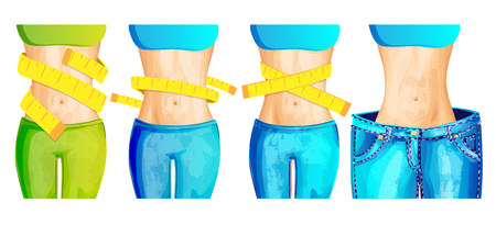 Women slim waist with measure tape around and in big jeans - weight loss concept icon, bright colors. slim body with centimeter tape, healthy lifestyle vector concept for apps, sitesの写真素材