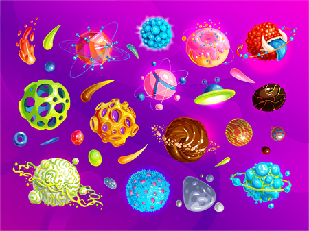 Space planets, asteroid, moon, fantastic world game vector cartoon icons. Color asteroid and planet, illustration fantastic universe cartoon planets. Fantasy colorful planets set. Cosmic collectionの写真素材