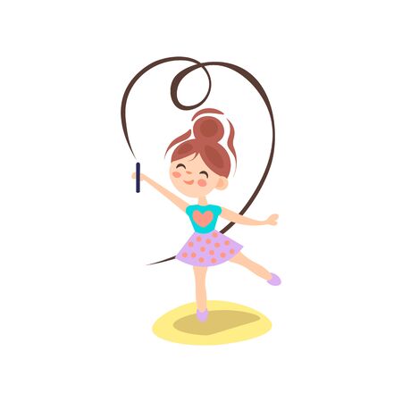 Young ballerina in motion. Rhythmic gymnastics. Teenage sport, healthy teen lifestyle. Pretty girl with flying ribbons, dance on white background, ballet concept, cartoon vector illustrationのイラスト素材
