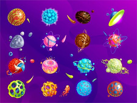 Space planets, asteroid, moon, fantastic world game vector cartoon icons. Color asteroid and planet, illustration fantastic universe cartoon planets. Fantasy colorful planets set. Cosmic collectionのイラスト素材