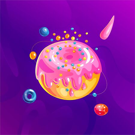 Space fantasy planet, asteroid, moon, fantastic world game vector cartoon icon, illustration in donut sweet style. Pink dessert glaze with colored sparkles. Fantasy colorful planet with cosmic elementsのイラスト素材