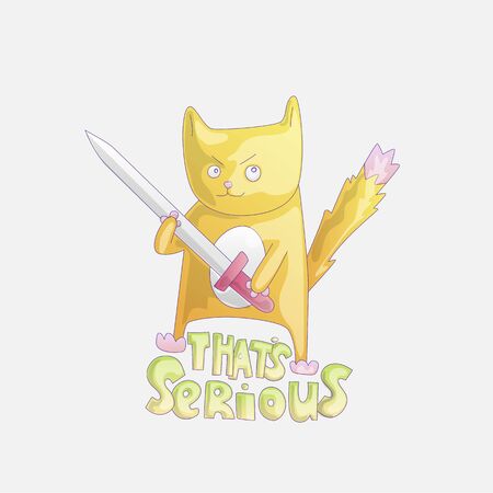 Cute cartoon cat with sword illustration. Funny cat with phrase That is serious. Dangerous funny cat cartoon illustration. Funny cartoon cat sticker, fashion cats warrior illustration.のイラスト素材
