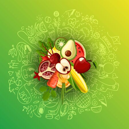 Healthy lifestyle concept with sport and healthy diet doodles and icons - sport, food, happy and normal sleep icons around fresh, juicy fruits on white background. Healty diet and sport conceptの写真素材