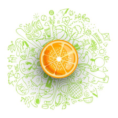 Healthy lifestyle concept with sport and healthy diet doodles and icons - sport, food, happy and normal sleep icons around fresh, juicy orange on white background. Healty diet and sport conceptの写真素材