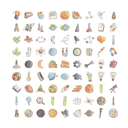 Cute cartoon icons on science, school, study theme. Physics, chemistry, astronomy and other sciences - vector illustrations of icons for children. Back to school educational icons, science icon setのイラスト素材