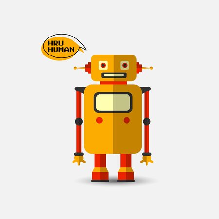 Retro vintage funny vector robot icon in flat style isolated on grey background. Vector vintage illustration of flat Chatbot icon. Customer support service chat bot. Cute cartoon retro robot iconのイラスト素材