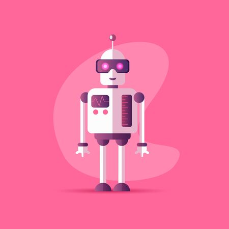 Funny vector robot icon in flat style isolated on pink background. Vector illustration of Chatbot icon with neon colors and gradients. Customer support service chat bot. Cute cartoon robot cartoon iconのイラスト素材